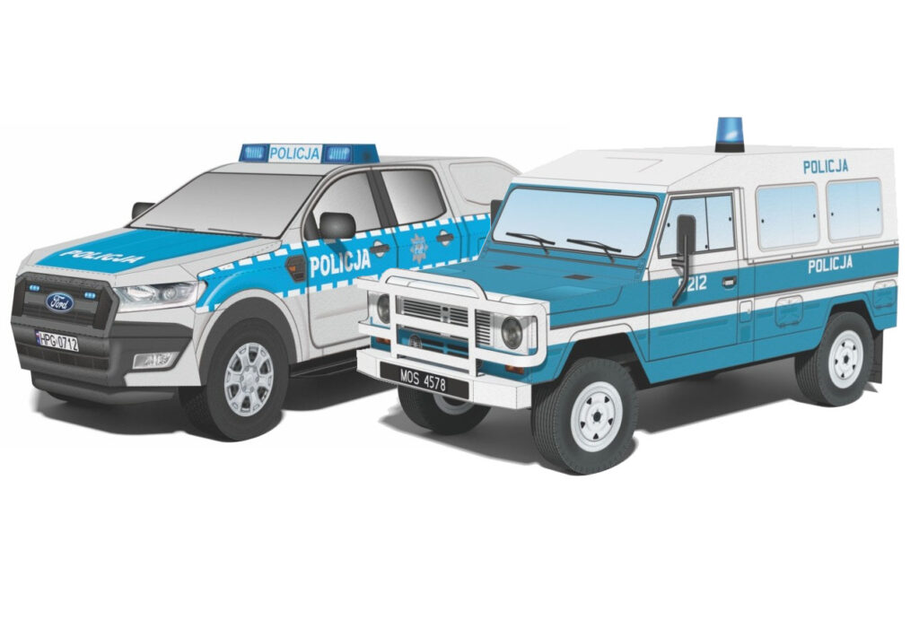 Dwa policyjne samochody z serii Kartonowy Express